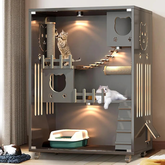 High-Conerned Wood Cat Condo Three-Tier Enclosed Villa Indoor Outdoor